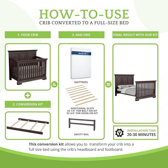 Full-Size Conversion Kit Bed Rails Compatible with Simmons Kids Convertible Cribs by Delta Children - Solid Wood Rail - Toddler and Adult Bed Rail - Nursery Furniture (Vintage Espresso, HOOK-ON KIT)
