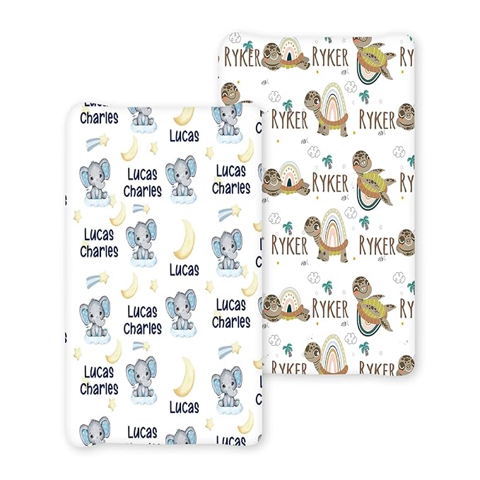 Personalized Baby Changing Pad Cover with Name - 2 Piece Lovely Elephant Baby Pee Pad Cover for Diaper Changing Table with Name, Custom Gifts for Infant Baby