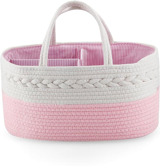 PandaEar Baby Diaper Caddy Organizer Cotton Rope Nursery Storage Basket Portable Car Organizer for Baby Shower Gifts Newborn Infants -Pink