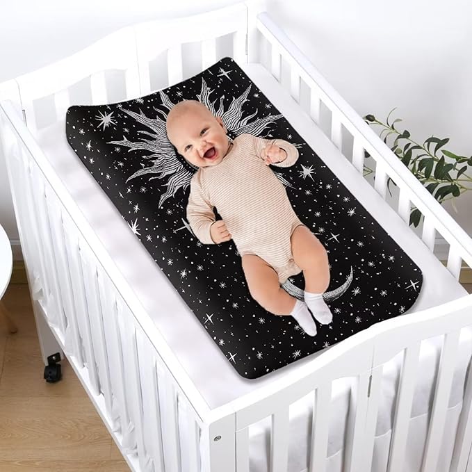 ZDCUSTOM Sun and Moon Changing Table Pad Covers Soft Unisex Diaper Change Table Sheets Super Soft Changing Pad Cover Sheets Fitted Cradle Sheets for 32"x16" Contoured Pad