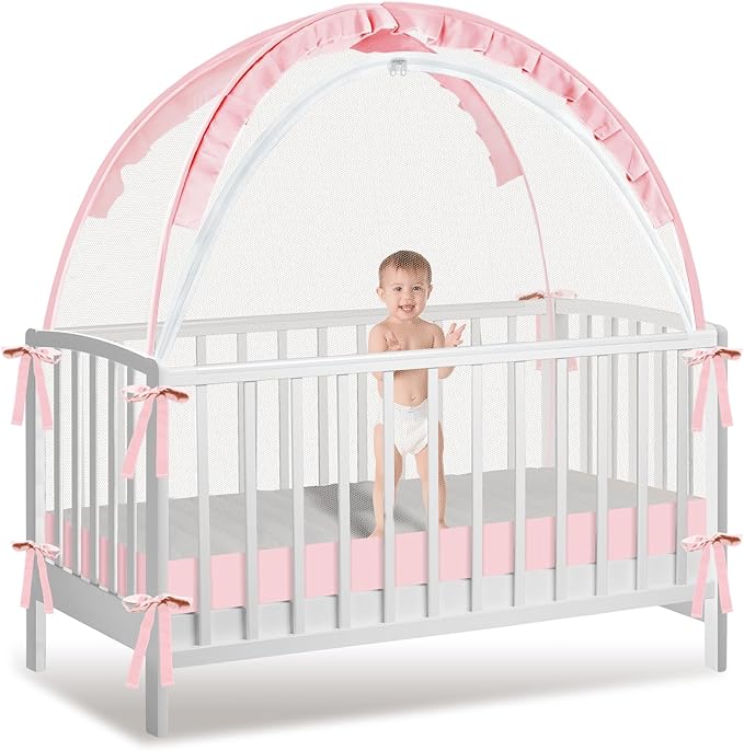 Crib Tent to Keep Baby from Climbing Out - Mesh Pop Up Climbing Prevention With Two-Way Self-Locking Metal Zipper (Pink, Lager)