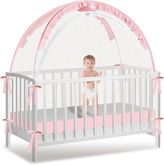 Crib Tent to Keep Baby from Climbing Out - Mesh Pop Up Climbing Prevention With Two-Way Self-Locking Metal Zipper (Pink, Lager)