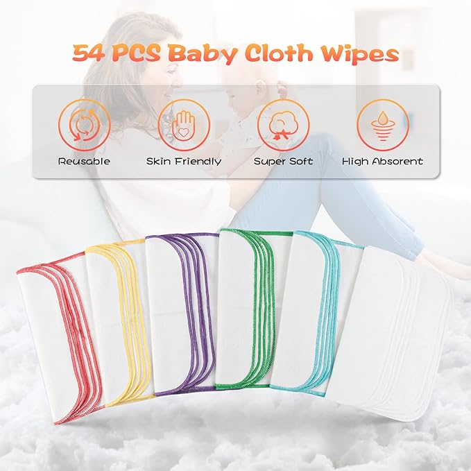 108 Packs Flannel Cloth Baby Wipes with Dispenser, Reusable Natural Skin-friendly Baby Wipes, Body Face Hand Washcloth Essential for Cloth Diapers 8x8 inch