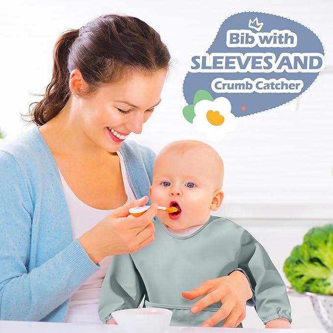 JaGely 4 Pack Long Sleeve Baby Bibs Waterproof Smock Bid with Elastic Cuffs Large Pocket for Baby Eating Feeding 6-36 Months