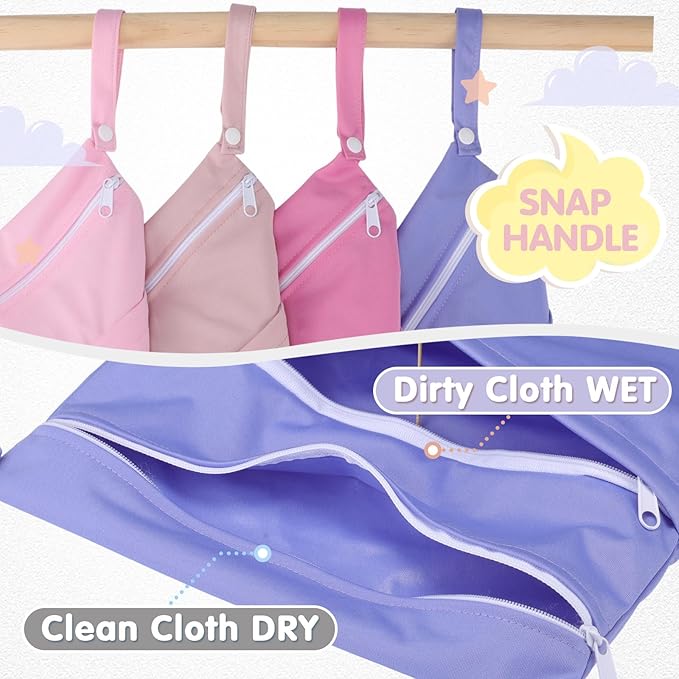 SATINIOR 4 Pack Wet Dry Bags for Baby Cloth Diapers 12x14 Washable Travel Swimsuit Wet Bags Reusable with Two Zippered Pockets for Yoga Gym Swimsuits Travel Beach Pool Soiled Items(Mermaid Color)