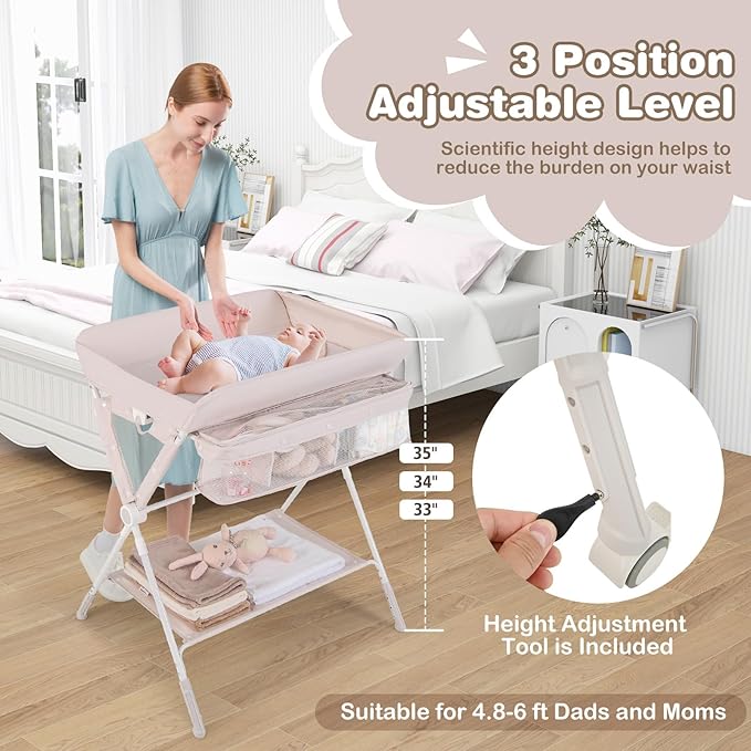HONEY JOY Changing Table, Folding Mobile Nursery Organizer w/Wheels, Adjustable Height, Storage Bag & Open Shelf, Portable Diaper Changing Station for Newborn Infant (Beige, 32"x26"x39.5")