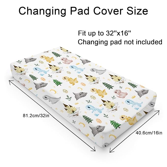 Cartoon Dinosaurs Changing Pad Covers Cute Dragon Castle Moon Stars Trees Leaves Change Table Sheets for Boys Girls Soft Baby Dinosaur Stretchy Snug Fitted Diaper Changing Table Mats 32''x16''
