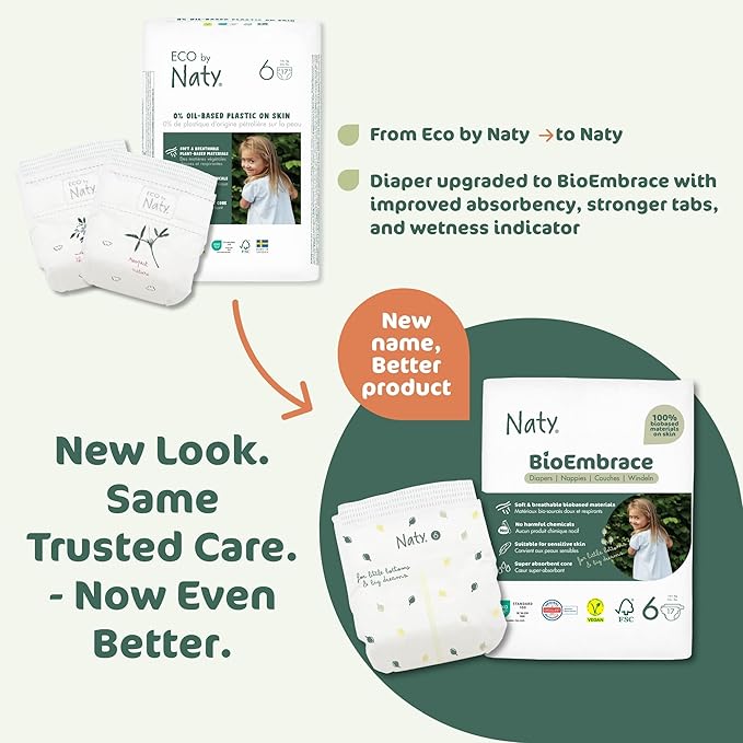 Naty BioEmbrace Baby Diapers | Sensitive Skin Safe Certified | Leak Protection up to 100% | Plant-Based Softness, Premium Comfort | Chlorine-Free | Size 6 (35+ lbs), 102 Count