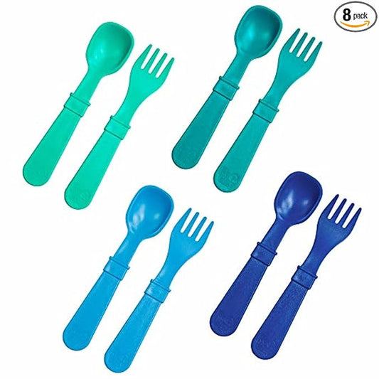 Re-Play Toddler Forks and Spoons Set - 4x4 Utensils Set for Kids - Dishwasher and Microwave Safe - Made in USA - Set of 8-5.8" x 1.2" x 0.2" - A True Blue