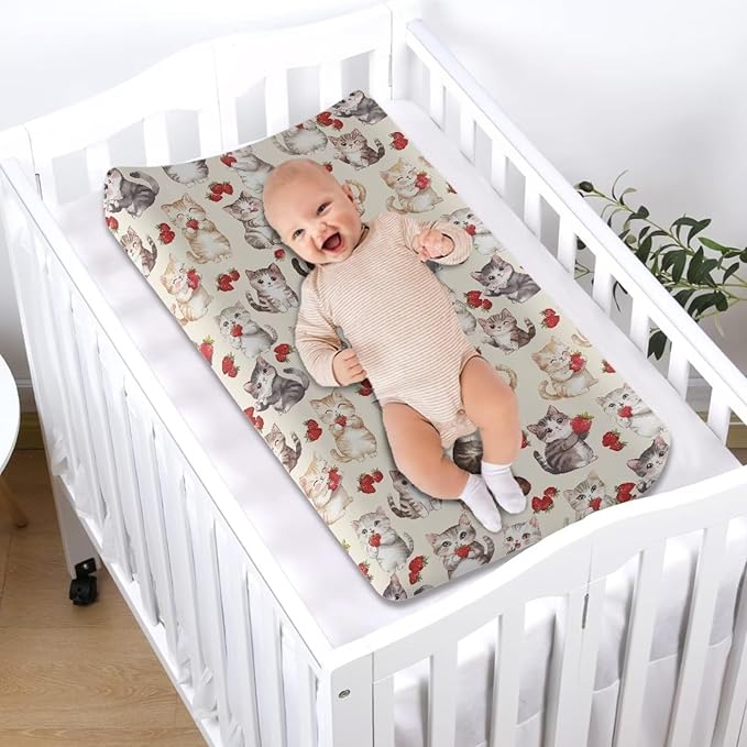 Cute Cat Baby Nursery Diaper Changing Pad Covers Beige Change Table Cover Sheets for Newborn Boys, One Size, Breathable Soft Changing Table Covers