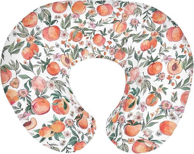 Vintage Peaches Baby Nursing Pillow Covers for Boy Girl Retro Peach Flowers Leaves Nursery Slipcovers for Breastfeeding Pillows Sweet Spring Summer Fruit Soft Stretchy Covers for Newborn Infant