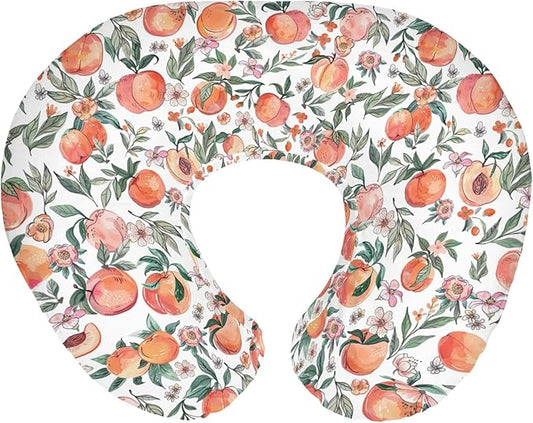 Vintage Peaches Baby Nursing Pillow Covers for Boy Girl Retro Peach Flowers Leaves Nursery Slipcovers for Breastfeeding Pillows Sweet Spring Summer Fruit Soft Stretchy Covers for Newborn Infant