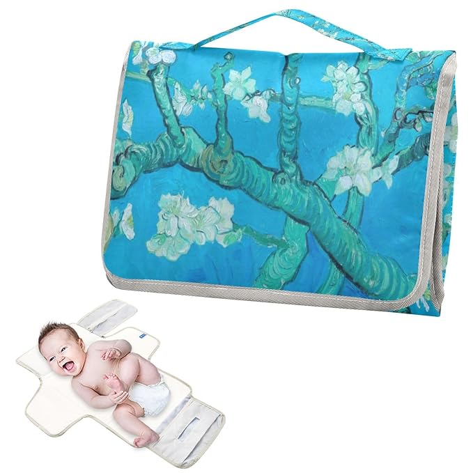 Portable Diaper Changing Pad Travel Baby Changing Mat Waterproof Diaper Changing Mat Foldable Lightweight Baby Changer with Built-in Pillow Van Gogh Almond Blossoms Blue