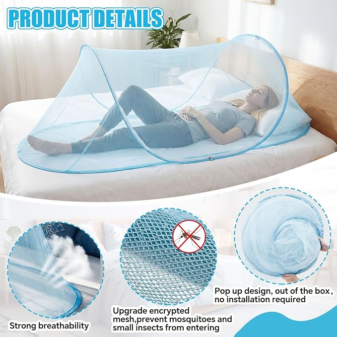 Large Pop up Mosquito Net for Camping Portable Foldable Mosquito Tent Bug Net Bed Travel Patio Outdoor 78 x 31 x 22 Inch Bug Netting Mesh Tent Canopy for Adults Baby Bedroom, Bllue
