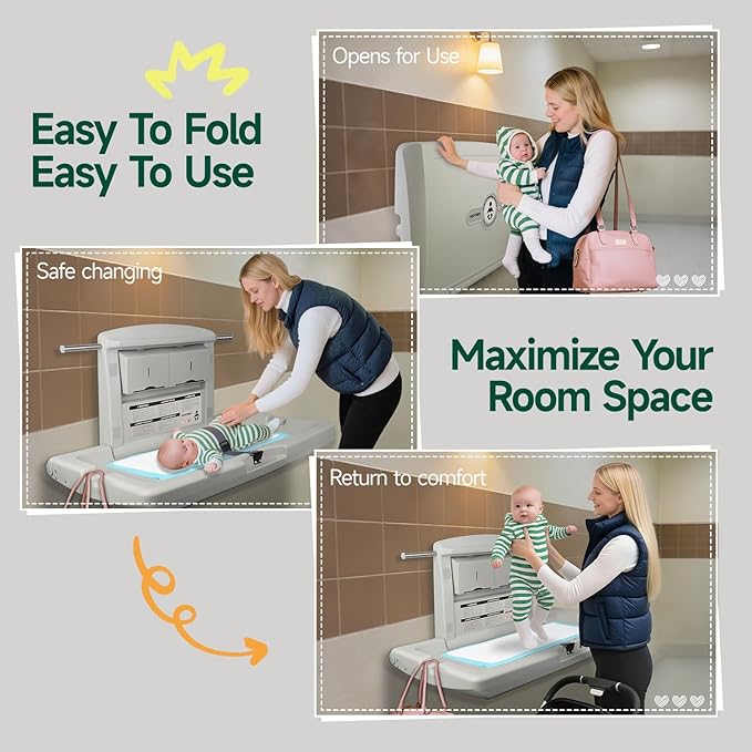 anydry Baby Changing Station Wall-Mounted, Foldable Diaper Changing Table with Safety Straps for Commercial Bathroom, in Elegant Grayish White