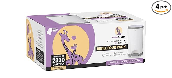 Refills Compatible with DEKOR PLUS Diaper Pail Refills | 4 Pack | Diaper Pail Odor Eliminator| Fresh Powder Scent | Each Diaper Bag Refill Holds up to 2320 Diapers | Diaper bin refill