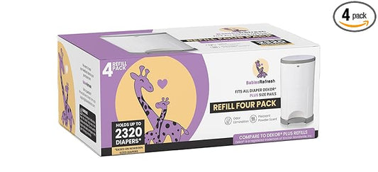 Refills Compatible with DEKOR PLUS Diaper Pail Refills | 4 Pack | Diaper Pail Odor Eliminator| Fresh Powder Scent | Each Diaper Bag Refill Holds up to 2320 Diapers | Diaper bin refill