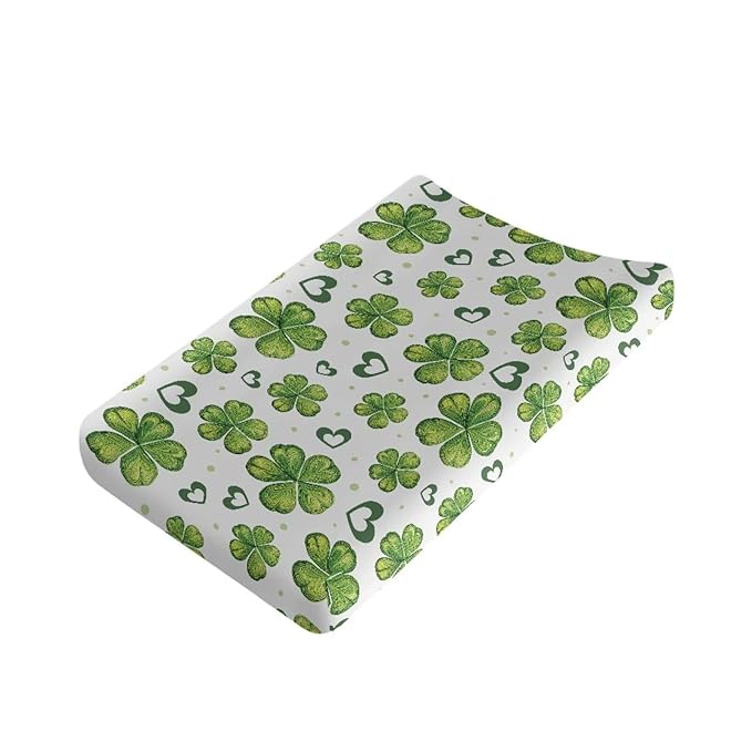 St. Patrick Changing Table Pad Cover Green Leaves Changing Pad Covers Heart Changing Pad Cover Breathbale Portable 32''*16''Changing Pads Nursery Decor