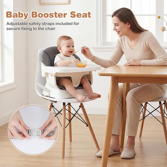 BABY JOY High Chair, Convertible Wooden Highchairs for Babies and Toddlers, Converts to Booster Seat & Stool with Adjustable Legs, Removable Tray, Safety Harness, Waterproof PU Cushion (Gray)