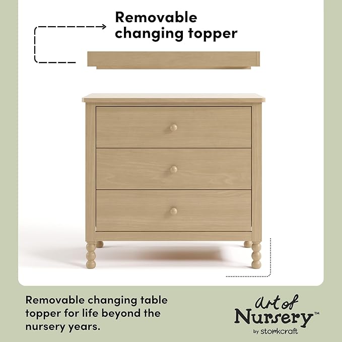 Storkcraft Rio 3 Drawer Chest with Changing Topper (Driftwood) – GREENGUARD Gold Certified, Premium Wood Dresser for Baby & Kids Bedroom, Safety Interlocking Drawers, Pre-Installed Tracks, Kids Chest