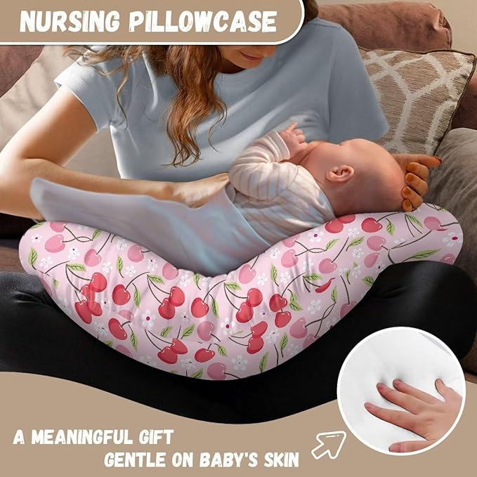 Pink Flower and Cherry Nursing Pillow Cover for Baby Boy Girl Newborn U-Shaped Breastfeeding Pillowcase Cushion Cover Easy to Use and Dustptoof
