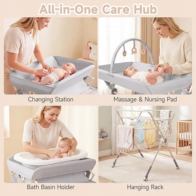 INFANS Portable Baby Changing Table with Wheels, Foldable Diaper Changing Station with Adjustable Heights, Large Organizer Storage for Newborn Infant (Light Gray)