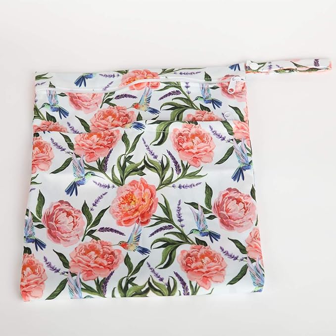 Wet Dry Bag Baby Cloth Diaper Nappy Bag Reusable Washable With Two Pockets Girls (Hummingbirds Floral)