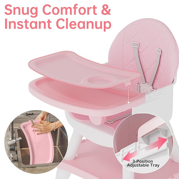 6-in-1 Convertible Baby Highchair, Booster Seat, Toddler Chair & Building Block Table, with Removable Tray, Easy Clean Cushion & 5-Point Harness (Pink)
