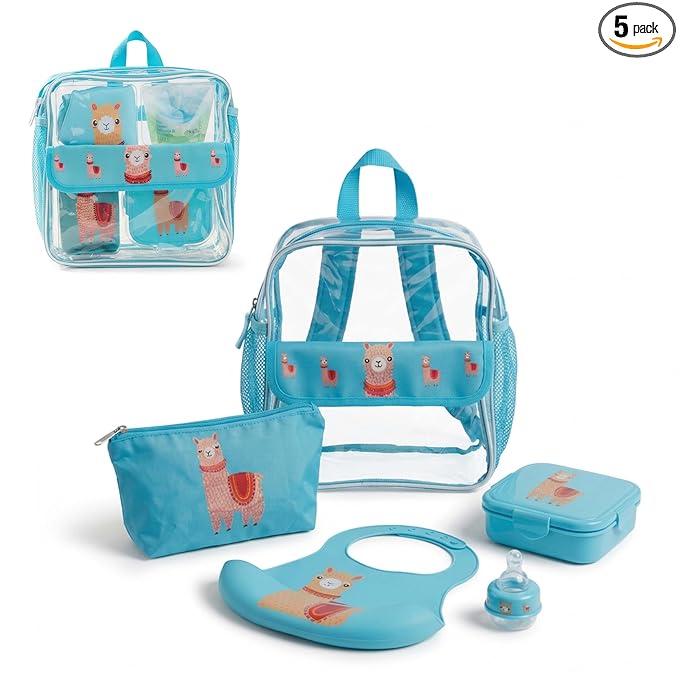 Refresh-A-Baby Feeding Essentials Kit for Feeding on the go, Feeding Travel Set with Universal Bottle Top Adaptor, Resealable Container, Silicone Bib, Clear Travel Bag & More (Llama Love)