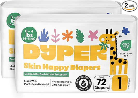 DYPER - Pack of 2 Baby Diapers Size 1 (72 Count) - Leak Proof, Plant Based, Hypoallergenic & Ultra Absorbent Disposable Diaper for Day & Overnight, Skin-Friendly Comfort Size 1 Diapers (8-14 lbs)