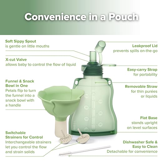 haakaa Fill & Go Yummy Pouch ＆ Flower Funnel Combo - Pea Green Pouch (2pcs) + Spring Green Funnel
