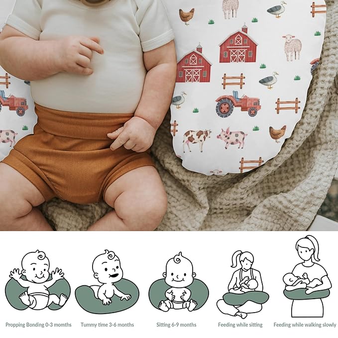 Farm Animals Life Baby Nursing Pillow Covers for Boy Girl Tractor Barn Pig Cow Lamb Hen Duck Soft Nursing Slipcovers for Breastfeeding Pillows Farmyard Stretchy Removable Covers for Newborn Infant