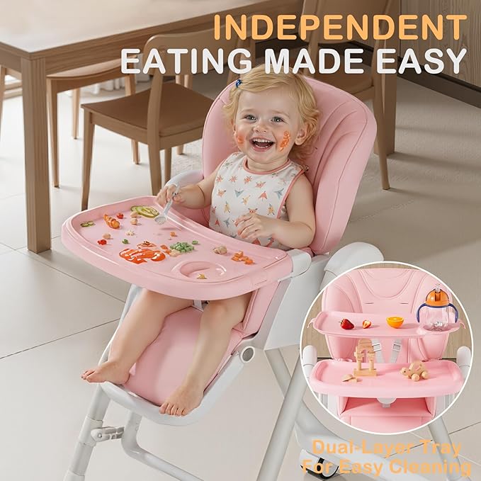 3-in-1 High Chairs for Babies and Toddlers, Foldable Baby High Chair with Rocking Mode, 5 Height Levels, Adjustable Backrest & Footrest, Lockable Wheels (Pink)