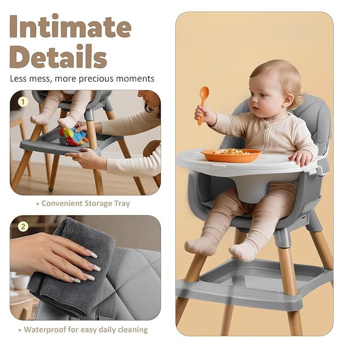 TODEFULL 8 in 1 Wooden High Chairs for Babies Toddlers, Convertible to Booster Seat, Baby Feeding Highchair w/ 5-Point Safety Harness, Removable Tray & Cushion, Gray