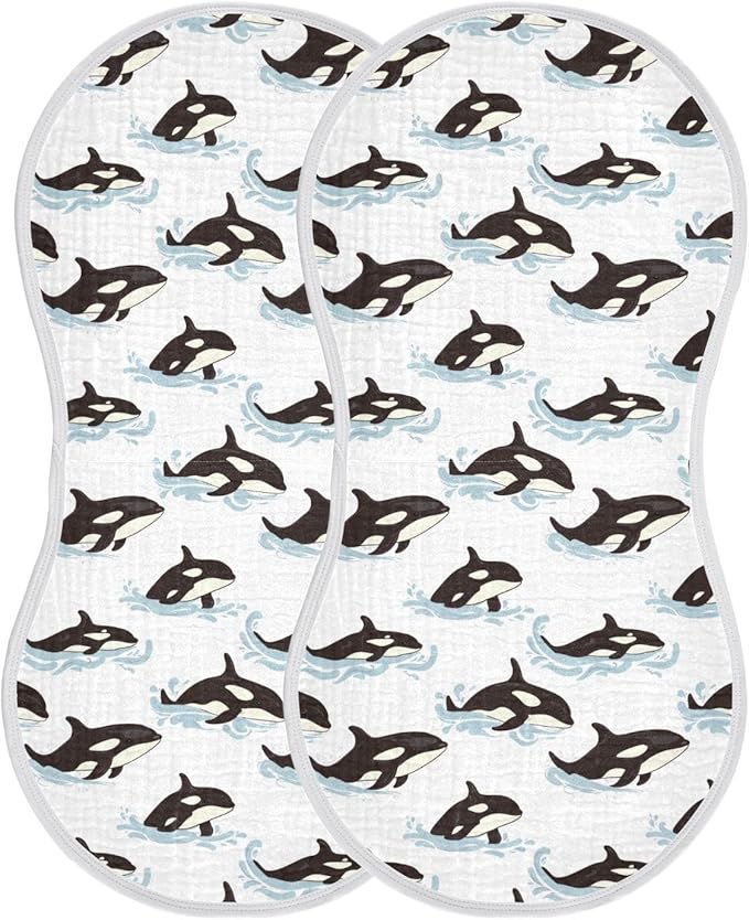 Muslin Burp Cloths for Baby Boys and Girls - 2-Pack Ultra Absorbent Killer Whale Orca Muslin Washcloths, Newborn Towel, Milk Spit Up Rags, Burp Cloth Bibs for Unisex, 22 x 11 Inch