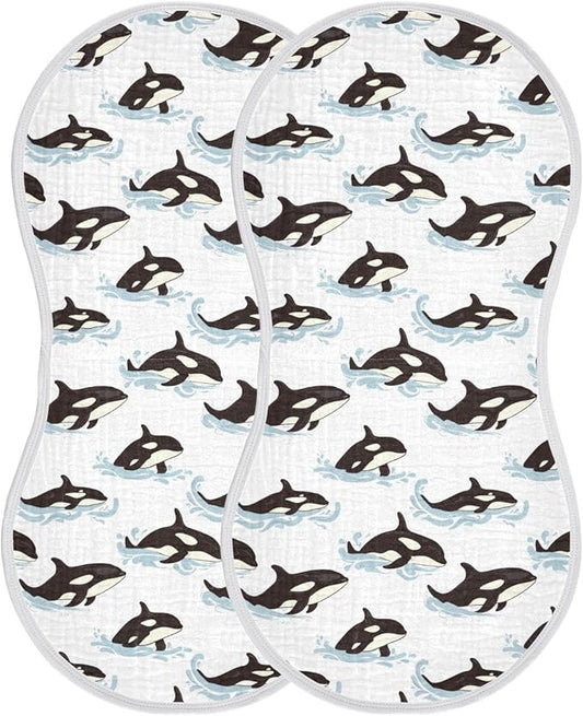 Muslin Burp Cloths for Baby Boys and Girls - 2-Pack Ultra Absorbent Killer Whale Orca Muslin Washcloths, Newborn Towel, Milk Spit Up Rags, Burp Cloth Bibs for Unisex, 22 x 11 Inch
