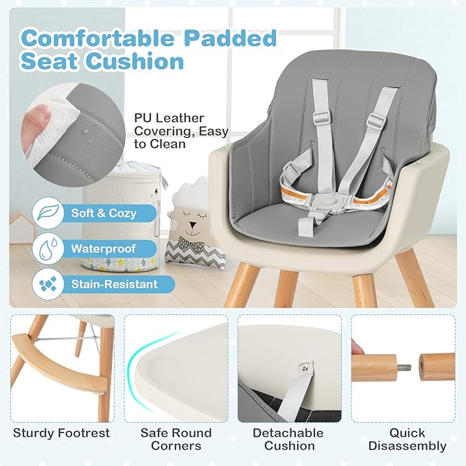 HONEY JOY Baby High Chair, 6-in-1 Eat & Grow Wooden Highchair/Toddler Chair with Removable Tray, 5-Point Harness, PU Cushion and Footrest, Convertible High Chair for Babies and Toddlers(Gray)