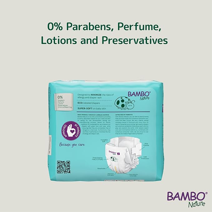 Bambo Nature Hypoallergenic Baby Diapers, Eco-Labeled Diapers, Enhanced Leakage Protection, Totally Chlorine-Free, Skin Friendly, and Super Absorbent - Size 2 (30 Count)