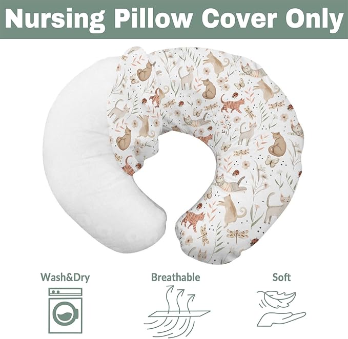 Cute Cat Boho Floral Leaves Baby Nursing Pillow Covers for Boy Girl Kittens Meadow Butterflies Nursery Pillowcase for Breastfeeding Pillows Cats Lover Gift Soft Stretchy Slipcovers for Newborn Infant