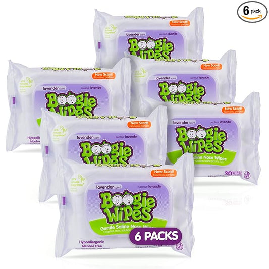 Baby Wipes by Boogie Wipes, Wet Wipes for Face, Hand, Body & Nose, Made with Vitamin E, Aloe, Chamomile and Natural Saline, Natural Lavender Scent, 30 Count, Pack of 6