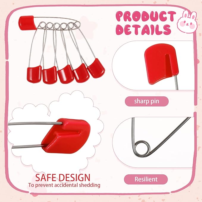 WILLBOND 8 Pcs Safety Pins 2.2 Inch Plastic Head Cloth Pins with Locking Closures Stainless Steel with Velvet Bag, Red