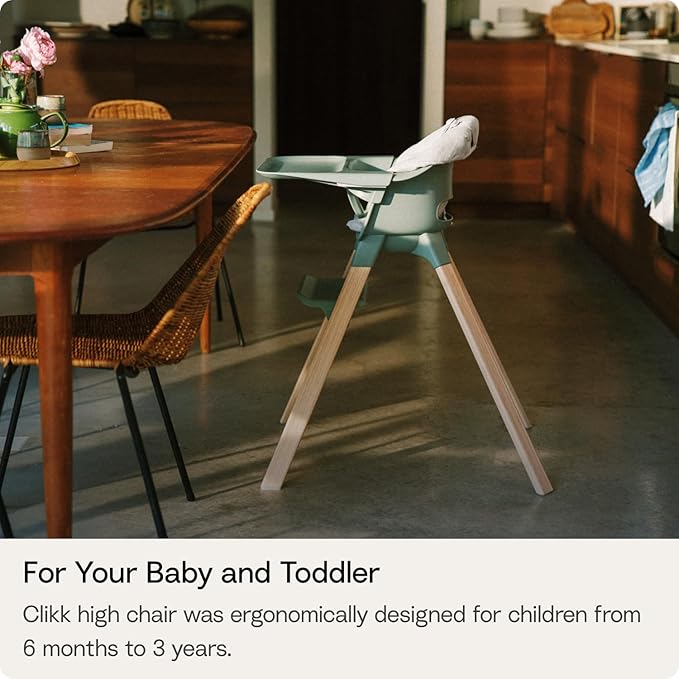 Stokke Clikk Easy to Clean Cloud Grey Baby High Chair with Natural Legs, All in One Box (Includes Tray and Harness)