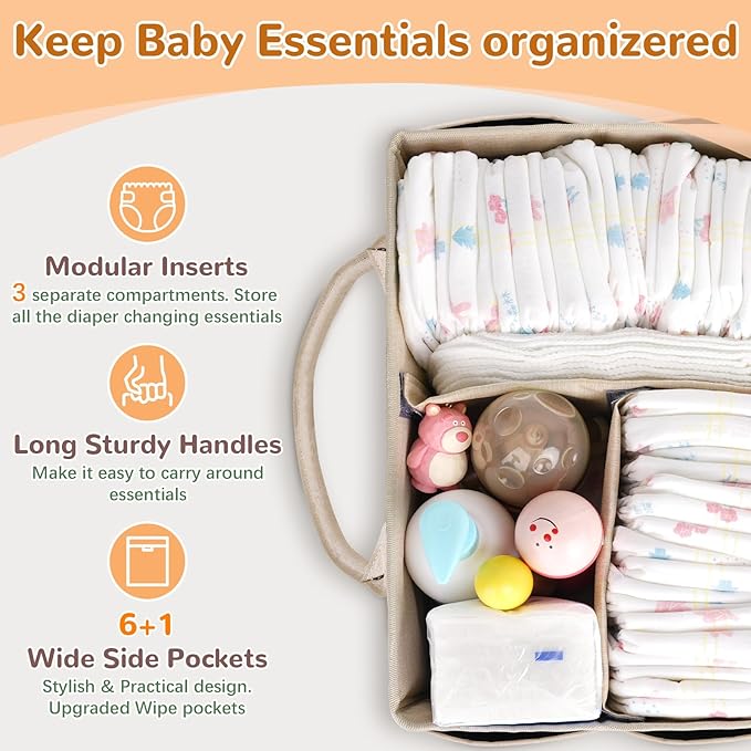 Volnamal Diaper Caddy with Wipe Dispenser One-Handed Access, Premium Diaper Organizer, Portable Car Organizer Nursery Basket for Newborn Essentials, Baby Registry Must Haves for Boys & Girls, Beige