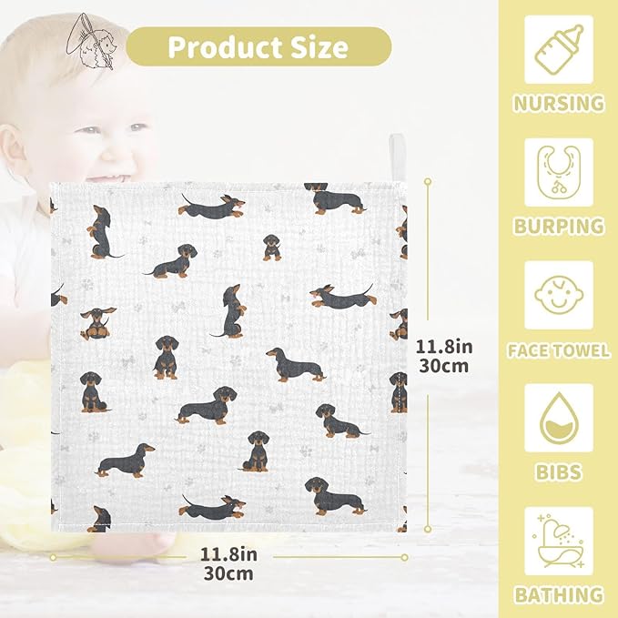 vvfelixl Baby Cotton Washcloths Black Dachshund Infants Bath Towel for Unisex Face Towels for Newborn, Natural Baby Wipes Delicate Skin, 11.8 X 11.8 inch, one sizex3