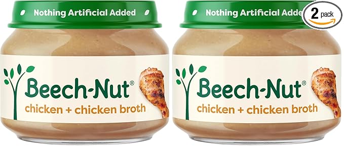 Beech-Nut Meat Baby Food Jars,Chicken & Chicken Broth Puree,7g Protein,Stage 1 Baby Food for Babies 4 Months and Up,2.5oz Glass Jars,10ct,(Pack of 2)