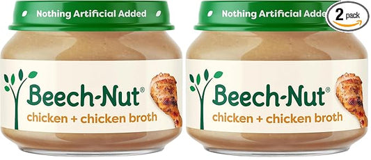 Beech-Nut Meat Baby Food Jars,Chicken & Chicken Broth Puree,7g Protein,Stage 1 Baby Food for Babies 4 Months and Up,2.5oz Glass Jars,10ct,(Pack of 2)