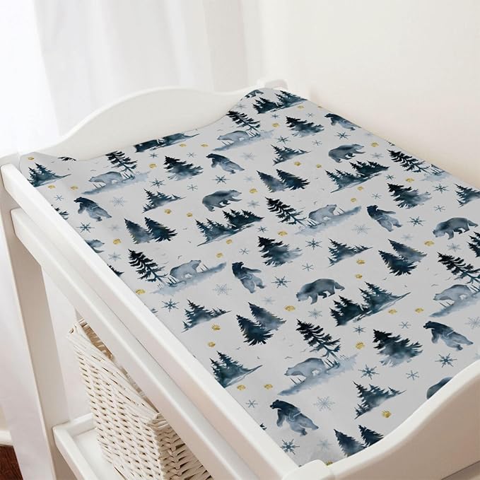 Bear Snow Forest Changing Pad Cover Watercolor Bear Paws Trees Change Table Pad Cover for Baby Boys Girls Soft Breathable Stretchy Snug Fitted Diaper Changing Mat Sheets 32''x16''