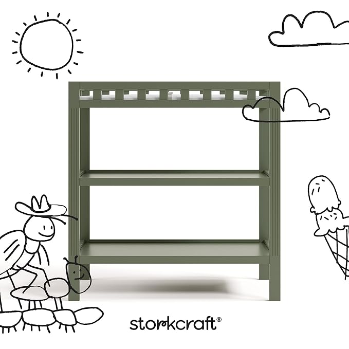 Storkcraft Morningside Changing Table (Olive) – GREENGUARD Gold Certified Baby Changing Table, Includes Waterproof Diaper Changing Pad, Easy 30-Minute Assembly, 2 Open Shelves for Storage