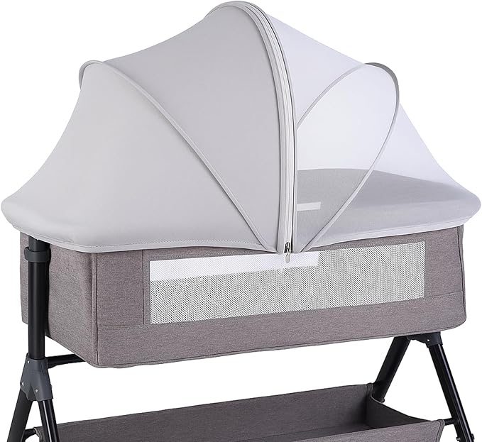 Portable Bassinet Cover for Cats & 2-Way Zipper, Half-Blackout Mosquito Net with Sunshade, Breathable Bassinet Net Cover, Mosquito Net for Baby Crib to Keep Cats Out （Grey）