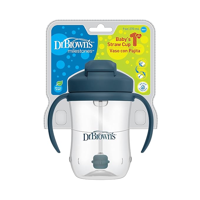 Dr. Brown's Milestones Narrow Sippy Spout Bottle with 100% Silicone Handles & Milestones Baby’s First Straw Cup, Training Cup with Weighted Straw, Dark Blue, 6m+